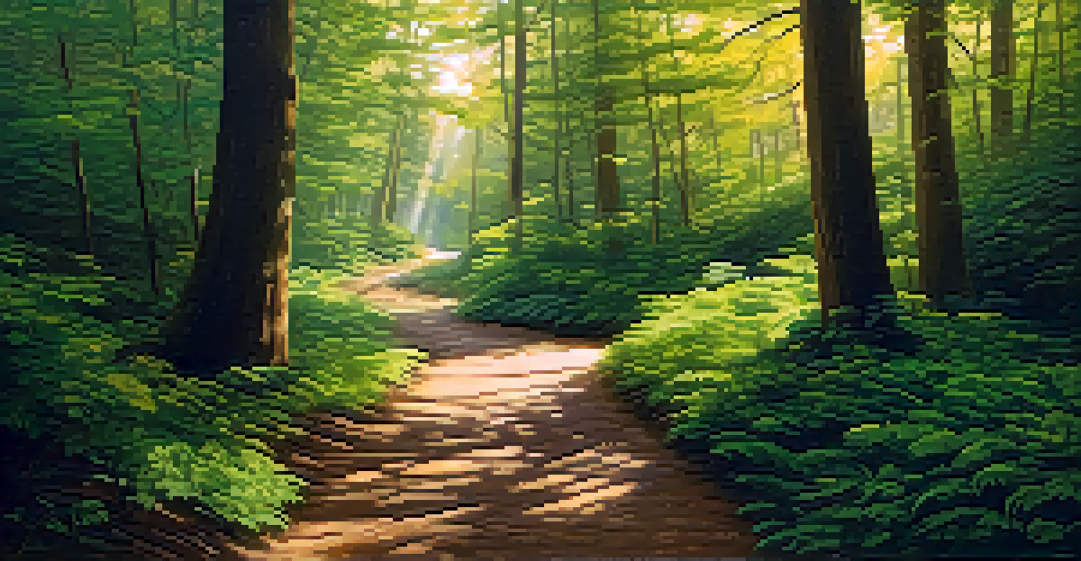 A tranquil forest landscape with a winding path and signs indicating potential risks and safety measures, illuminated by warm sunlight.