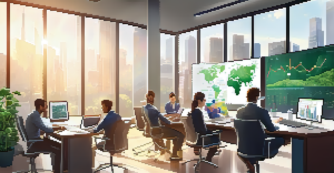 A diverse team of employees working together in a bright, modern office, surrounded by charts and laptops, emphasizing collaboration and business process optimization.