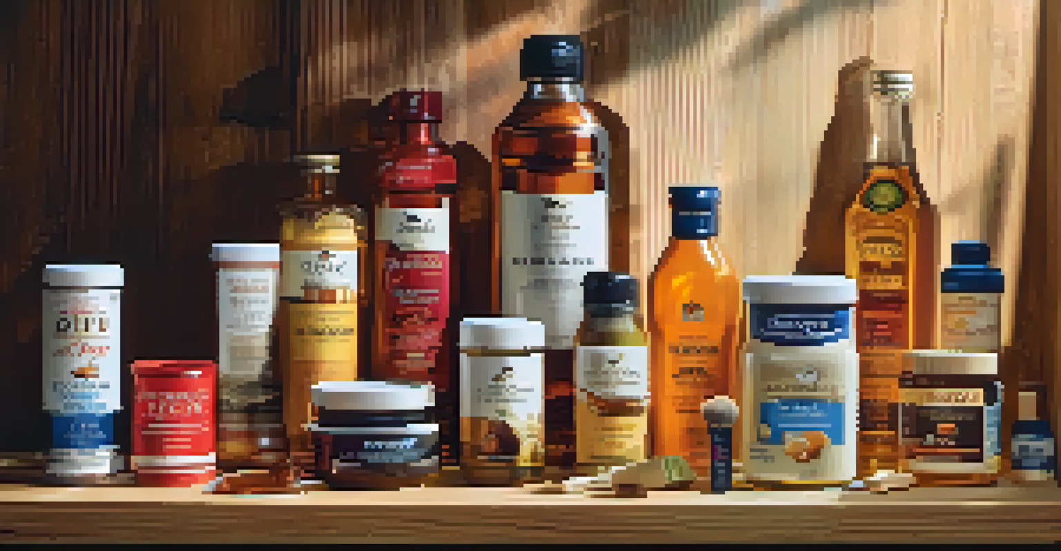 A visually appealing arrangement of various brand products on a wooden surface, illuminated by soft natural light.