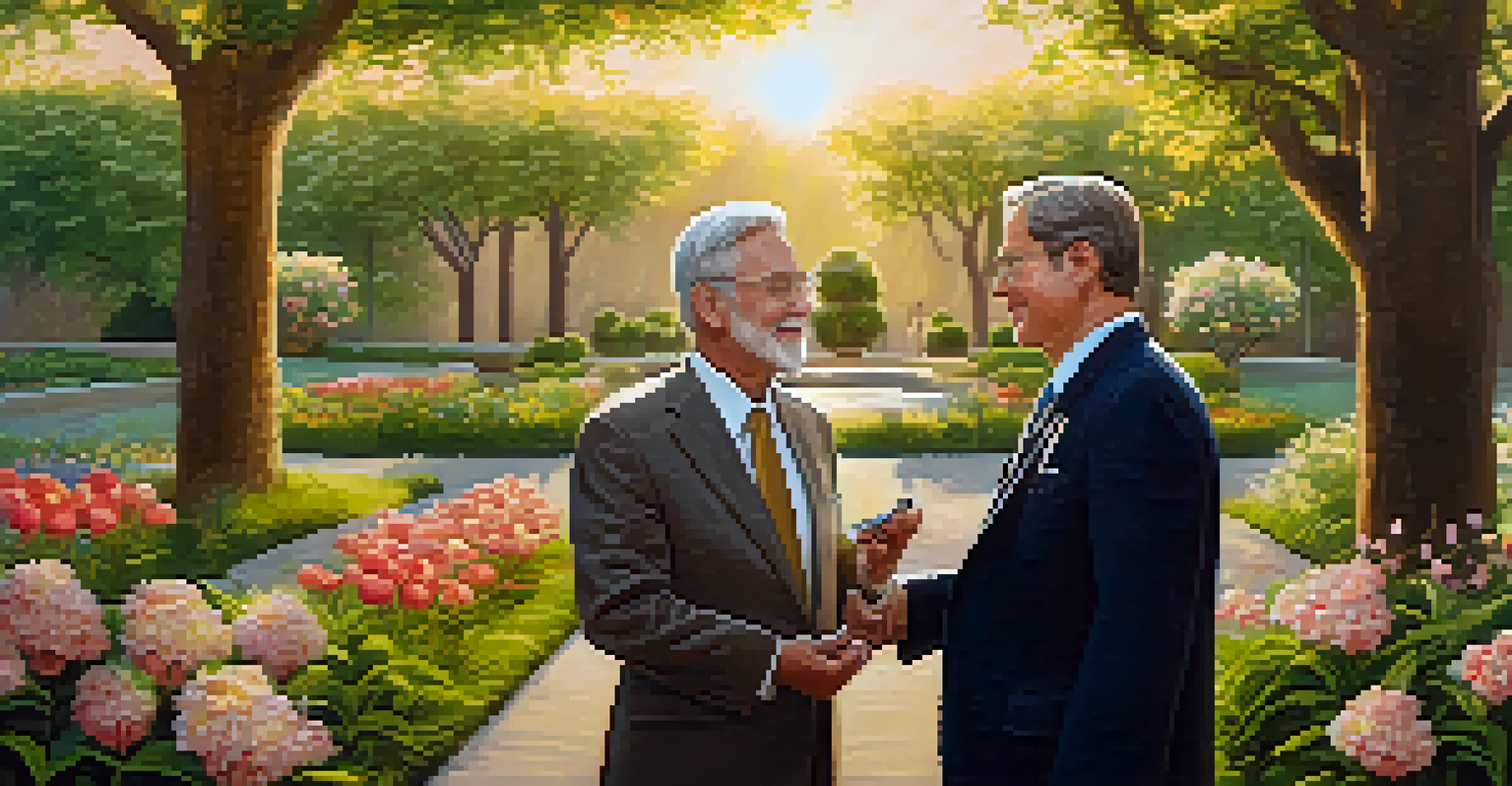 A senior business leader handing a key to a younger successor in a blooming garden, symbolizing growth and continuity.