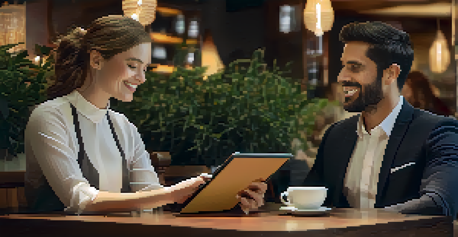 A warm restaurant ambiance with a waiter presenting personalized menu options to a happy couple at a table.