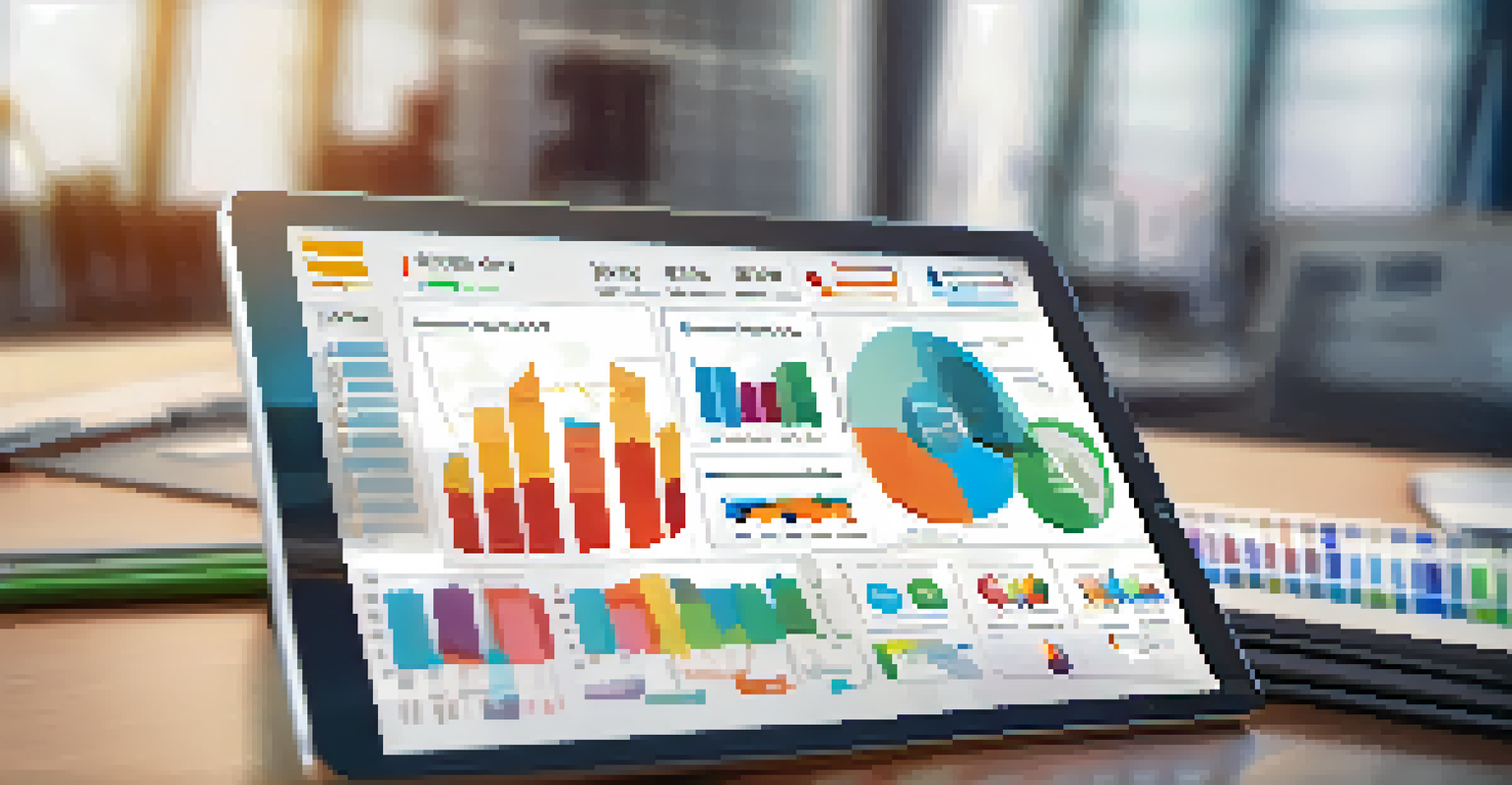 A close-up of a tablet showing an analytical dashboard in a busy office setting.