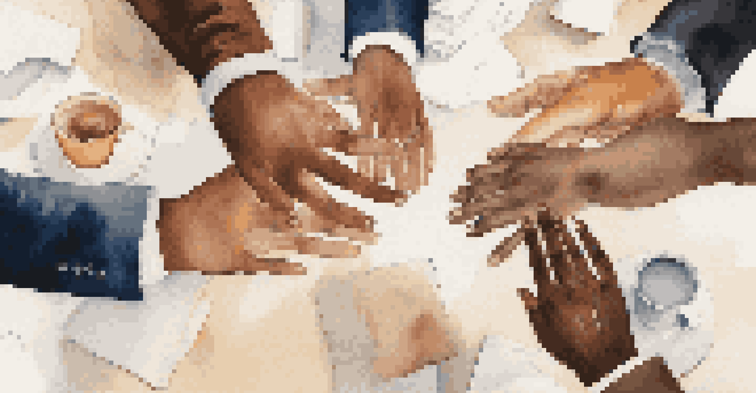 Diverse hands collaborating over a table with papers and coffee cups, symbolizing partnership.
