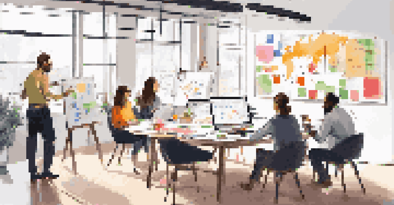 A bright workspace with a whiteboard displaying the Business Model Canvas. A diverse team of professionals is gathered around a table, engaging in collaborative discussion.