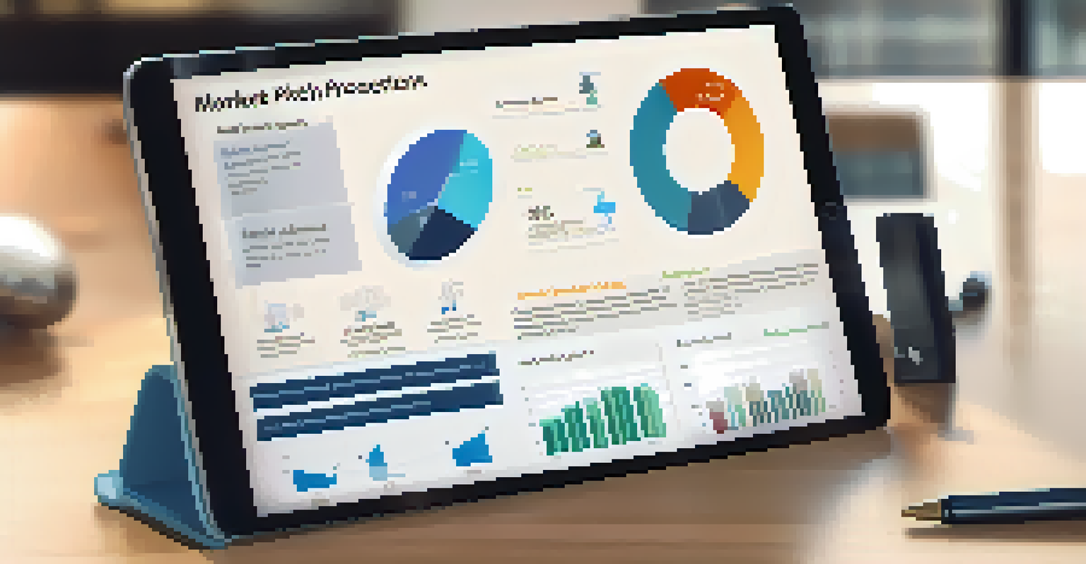 A close-up of a pitch deck on a tablet, displaying colorful slides in a professional office setting.