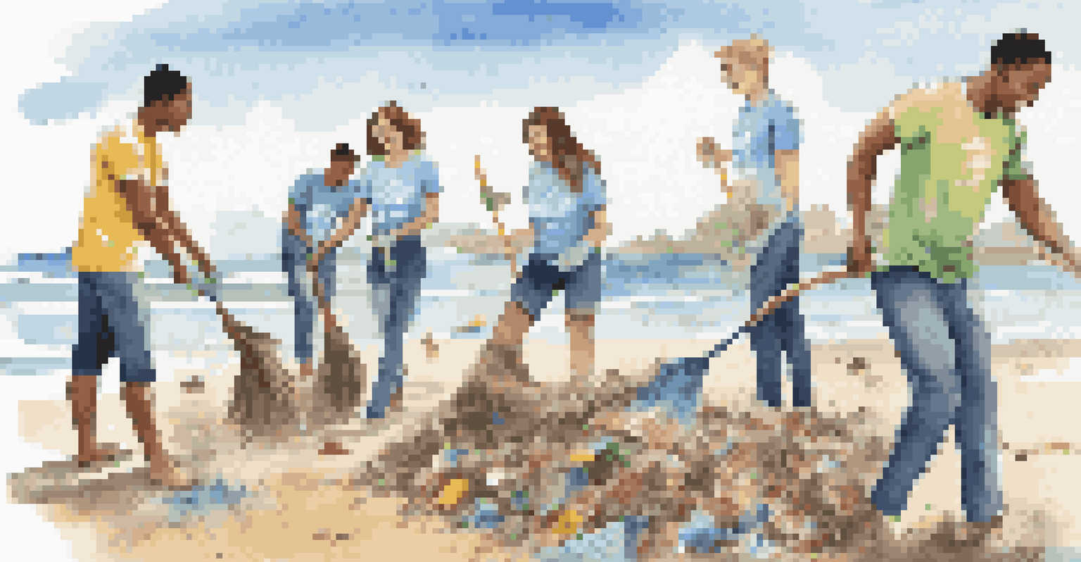 Young adults participating in a community beach clean-up, wearing matching t-shirts, with a clear sky and gentle waves in the background.