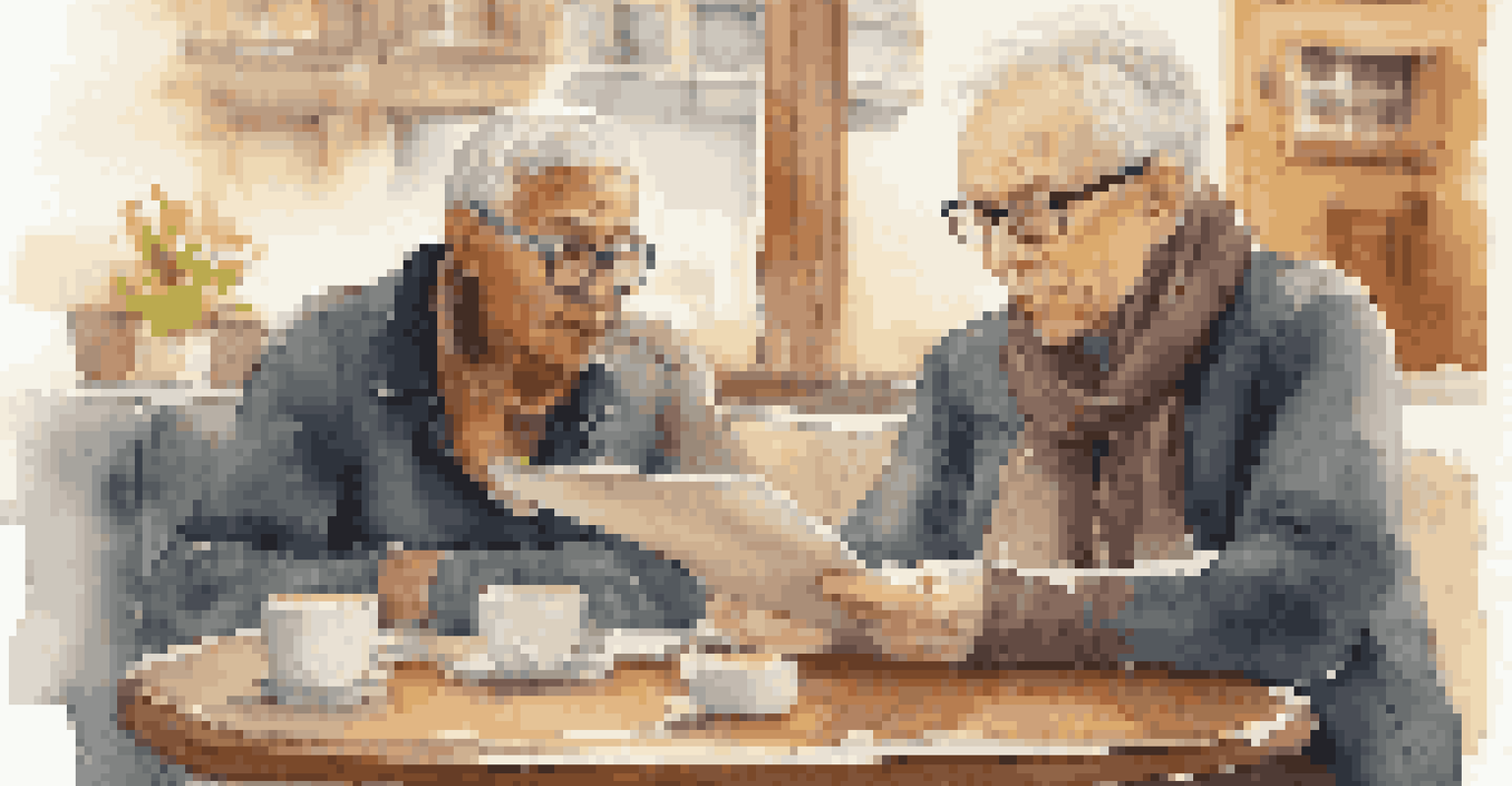 A mentor and mentee discussing leadership skills over coffee in a cozy café.