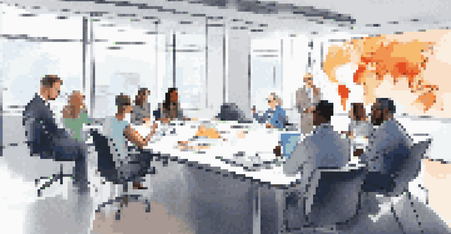 Diverse professionals in a meeting discussing risk management strategies, with digital devices and documents on a conference table.