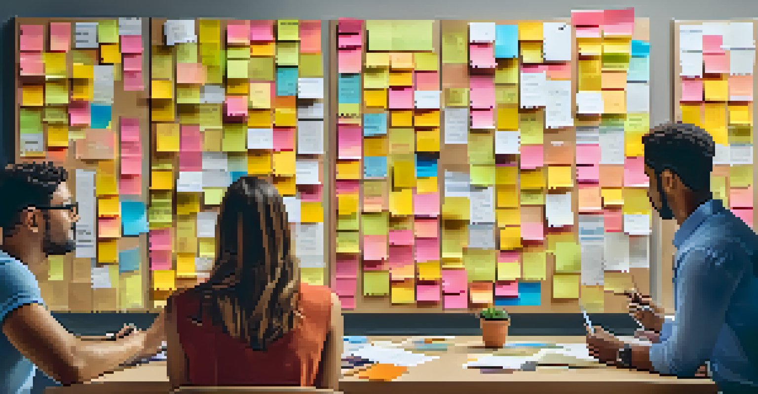 A collaborative board filled with colorful sticky notes showcasing diverse ideas, with team members discussing in a warm-lit environment.