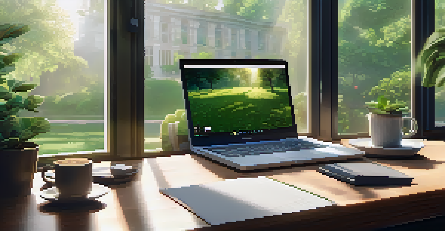 A serene office workspace with a wooden desk, laptop, notepad, and coffee, illuminated by sunlight coming through a window with a view of a green park.