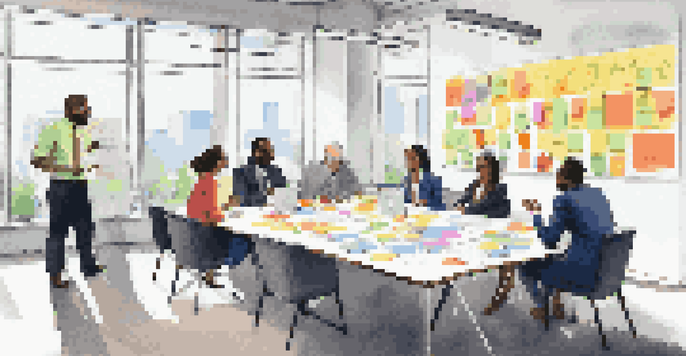 A diverse team of business professionals brainstorming together at a conference table, surrounded by a bright and modern office environment.