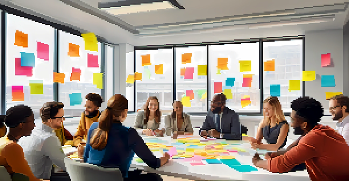 A diverse team collaborating at a conference table with sticky notes and a bright, welcoming atmosphere.