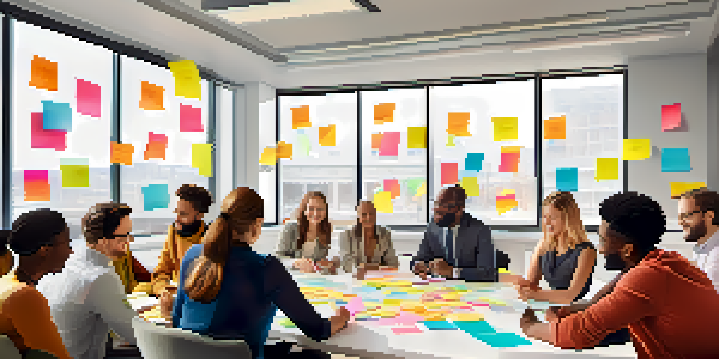 A diverse team collaborating at a conference table with sticky notes and a bright, welcoming atmosphere.
