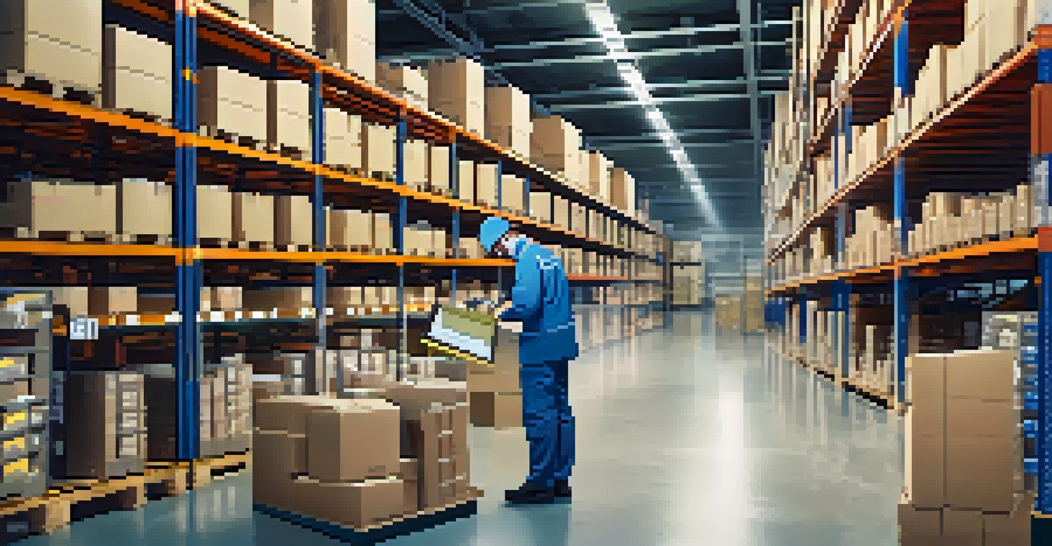 An inventory warehouse with neatly stacked shelves and a worker scanning a barcode.