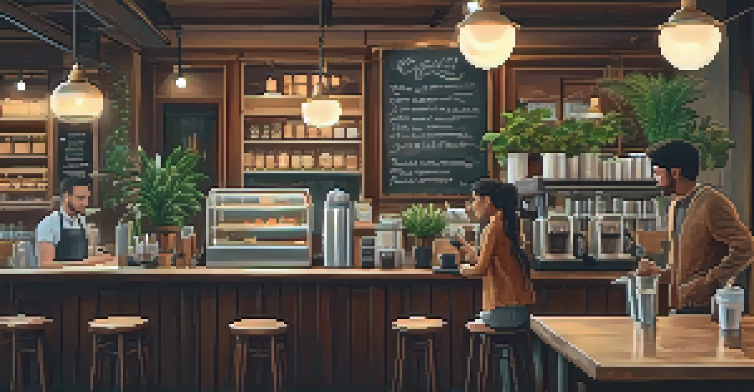 A warm and inviting coffee shop interior with a barista serving a customer amidst wooden furniture and soft lighting.