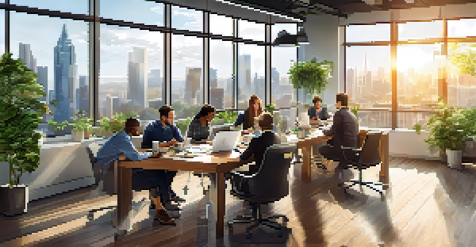 A diverse team of employees collaborating in a bright office environment with a city skyline view.