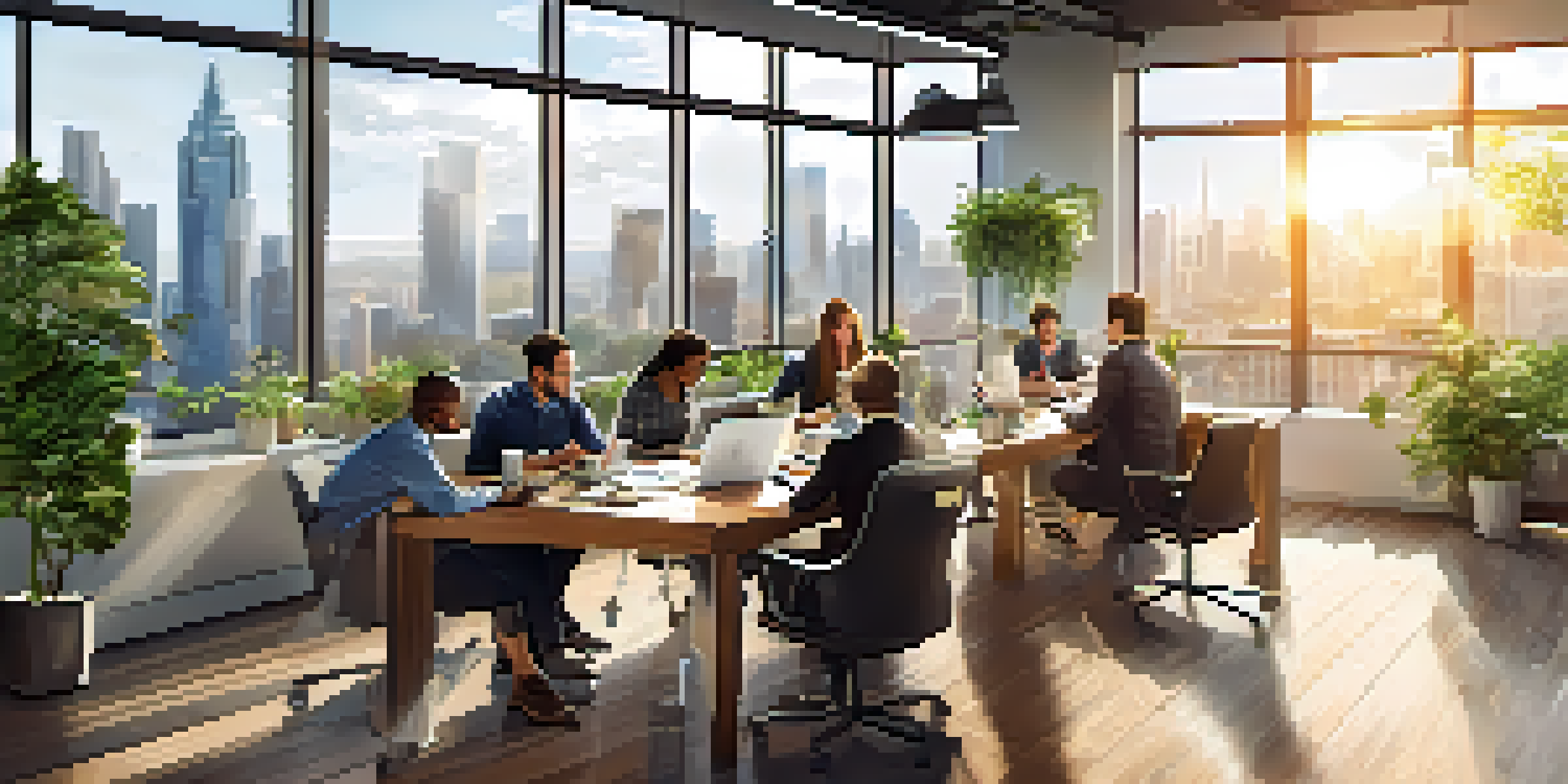 A diverse team of employees collaborating in a bright office environment with a city skyline view.