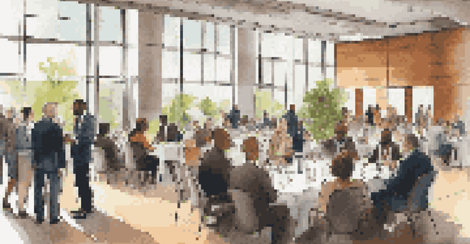 A modern networking event with diverse professionals in conversation, surrounded by booths and natural light.