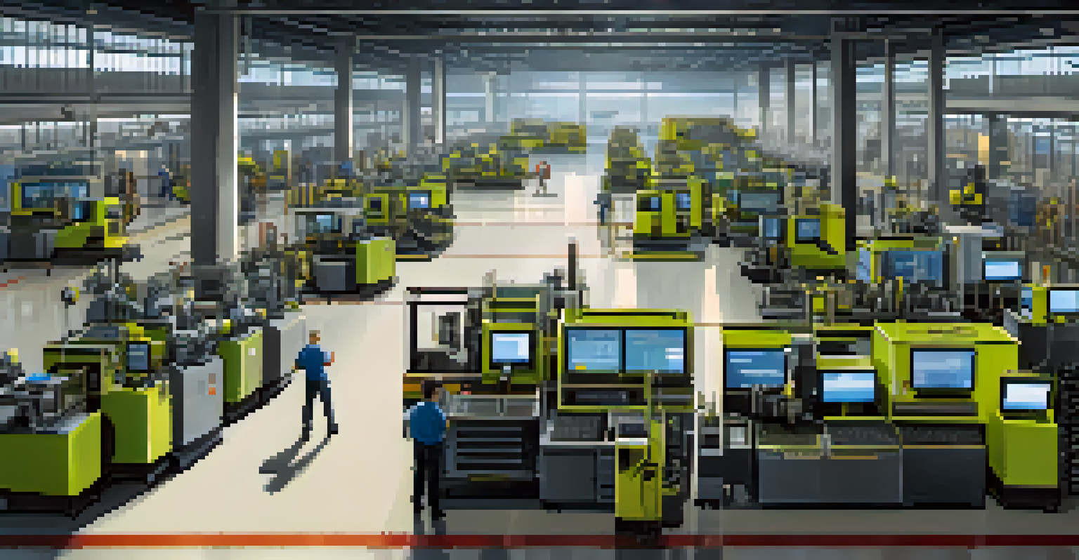 A manufacturing plant with machines and operators monitoring data on screens.