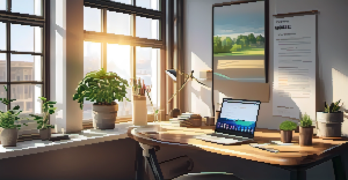 A well-lit modern office workspace with a wooden desk, laptop, and potted plants, featuring a motivational poster about SMART goals.