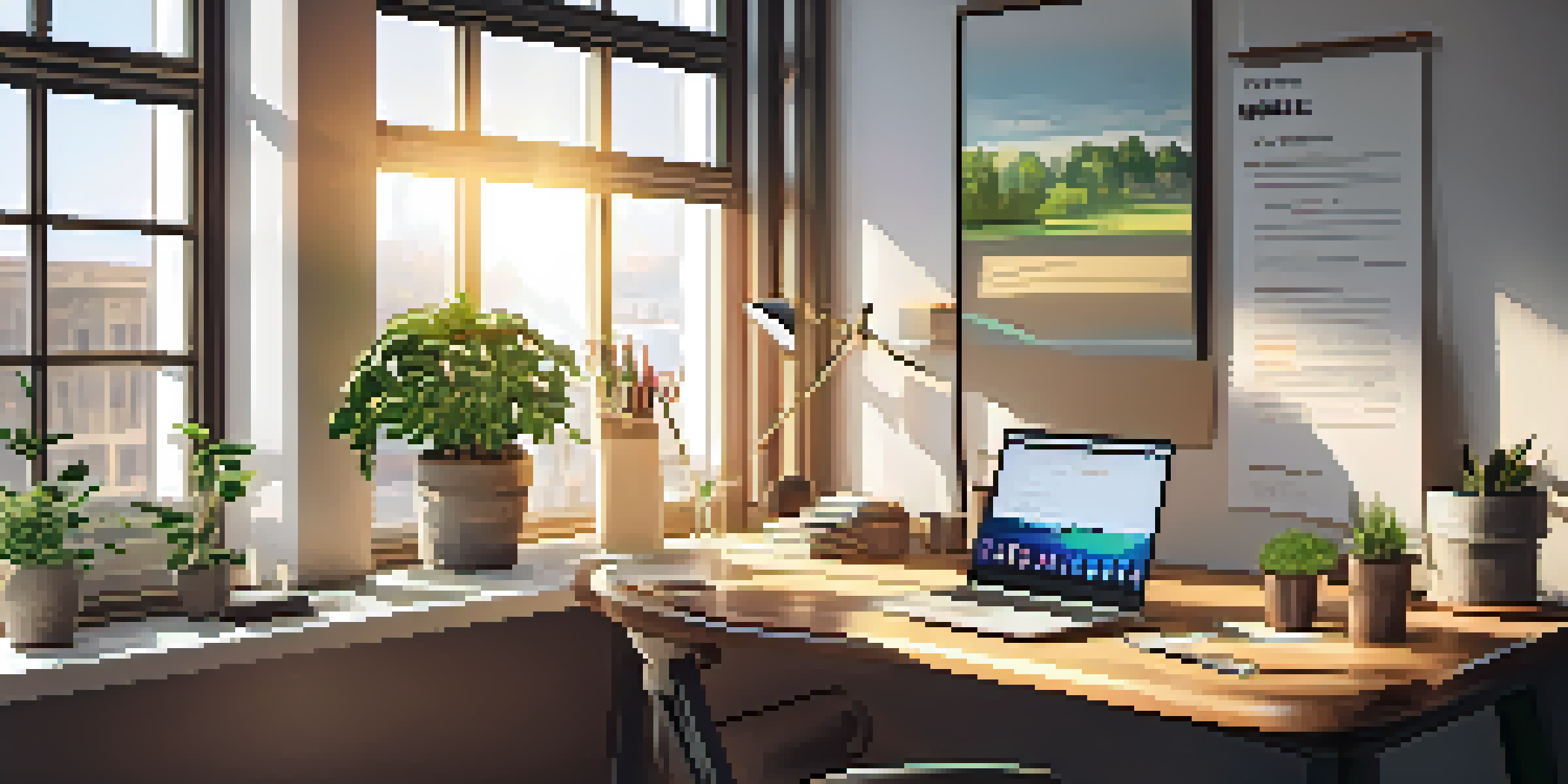 A well-lit modern office workspace with a wooden desk, laptop, and potted plants, featuring a motivational poster about SMART goals.