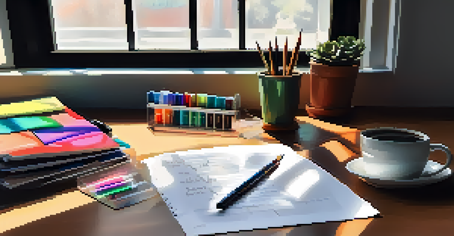 An artist's desk with a clear strategic plan, colorful markers, and a laptop in a bright workspace.