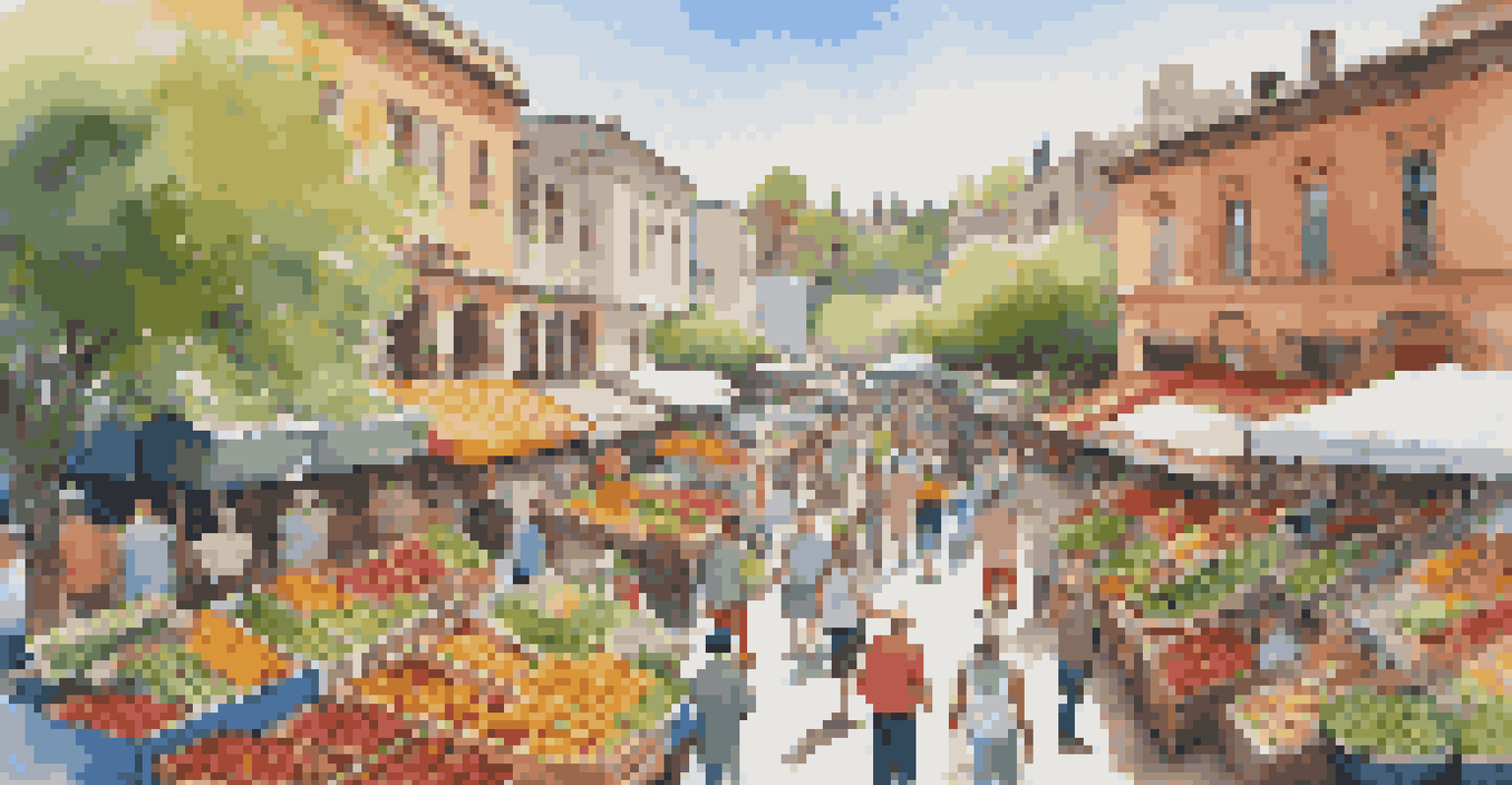 An aerial view of a vibrant farmer's market bustling with fresh produce and people enjoying the day.