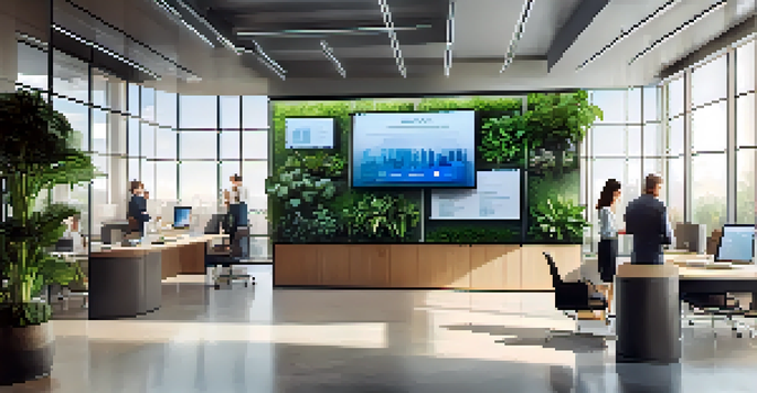 A diverse group of professionals working together in a bright office setting, discussing compliance strategies with a digital display in the background.