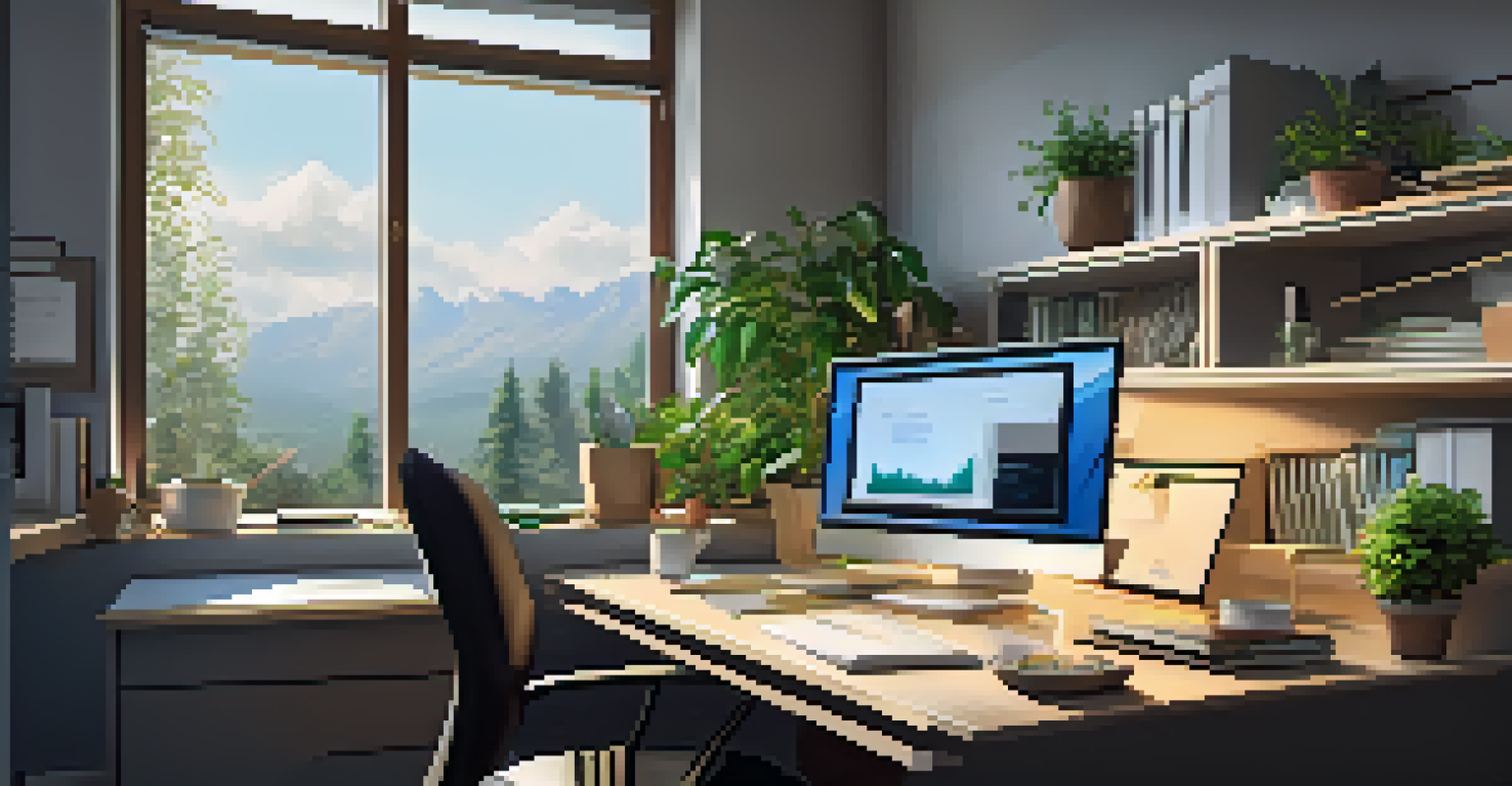 A professional working at a desk in a serene office, surrounded by cybersecurity materials and natural light.