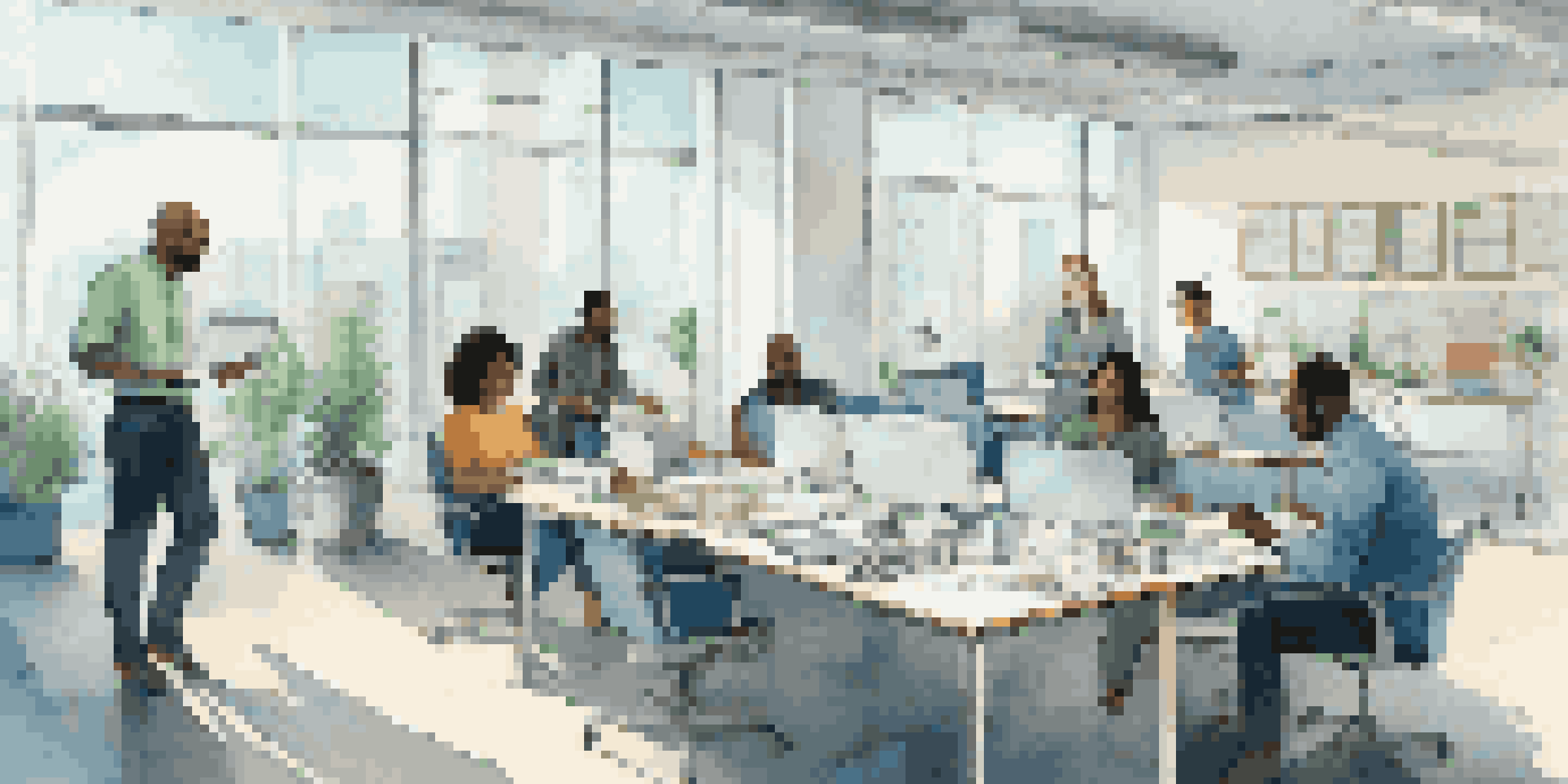 A diverse group of employees in a bright office, engaging in a collaborative discussion around a table with laptops and notepads.