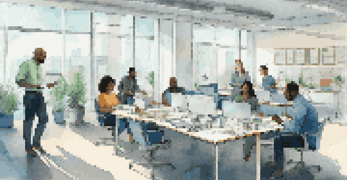 A diverse group of employees in a bright office, engaging in a collaborative discussion around a table with laptops and notepads.