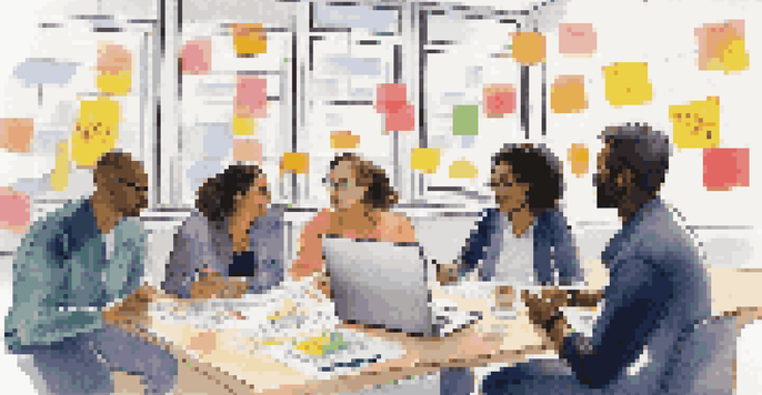A diverse group of individuals collaborating in a bright room filled with sticky notes and laptops, engaged in a brainstorming session.