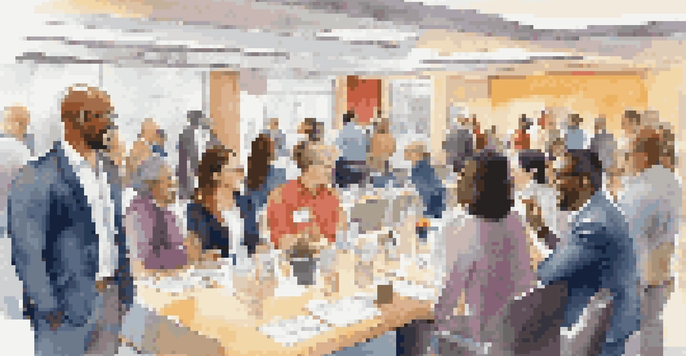 A diverse group of professionals networking in a bright conference room, exchanging business cards and smiling.