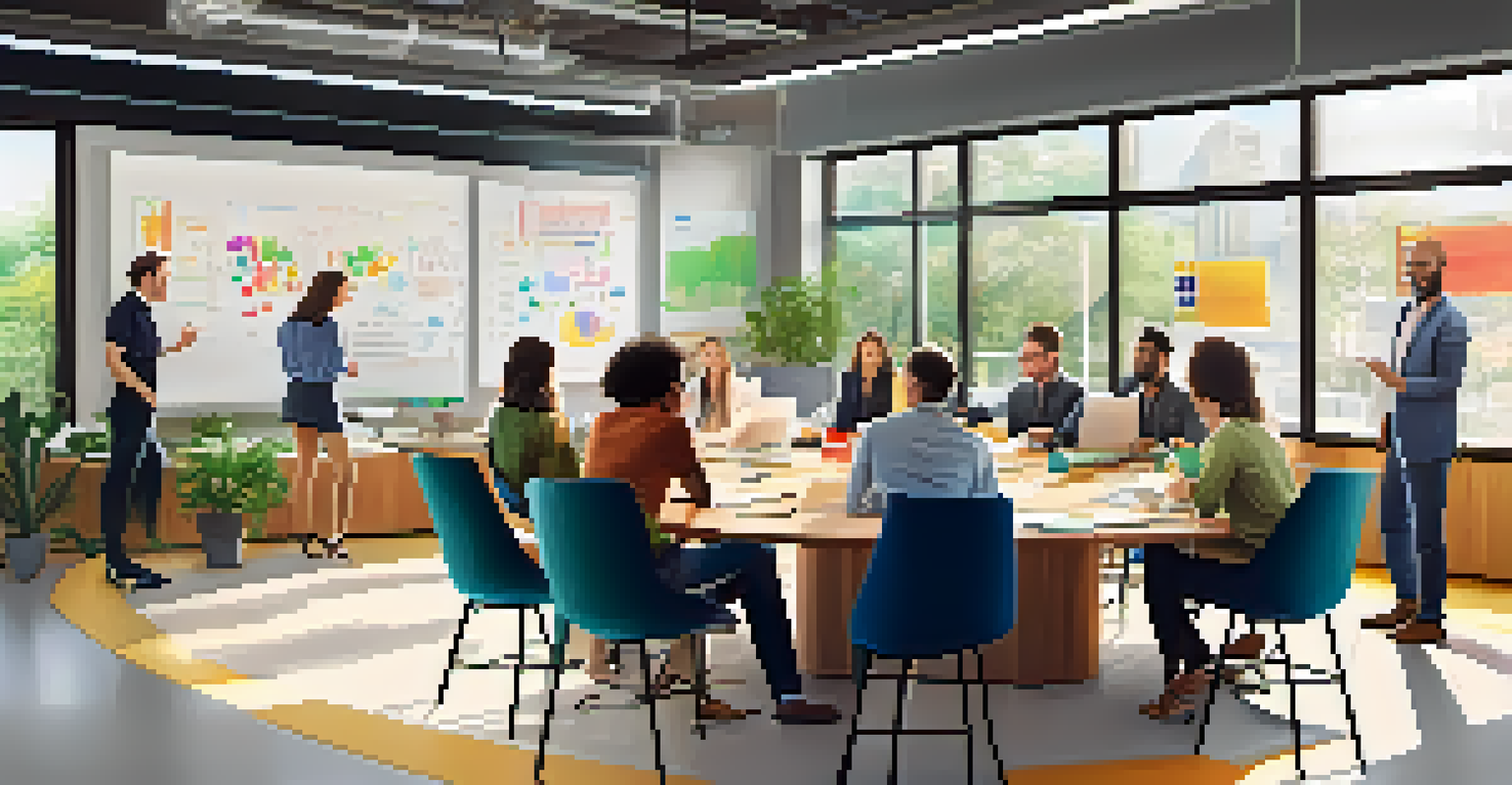 A diverse group of employees collaborating in a bright, modern office with a whiteboard full of notes.