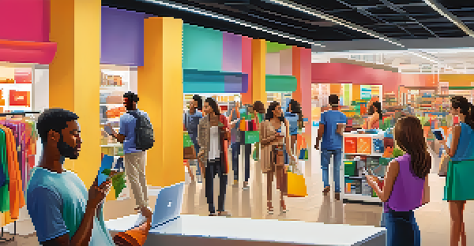 Diverse individuals shopping online using smartphones and laptops, with colorful shopping bags around them.