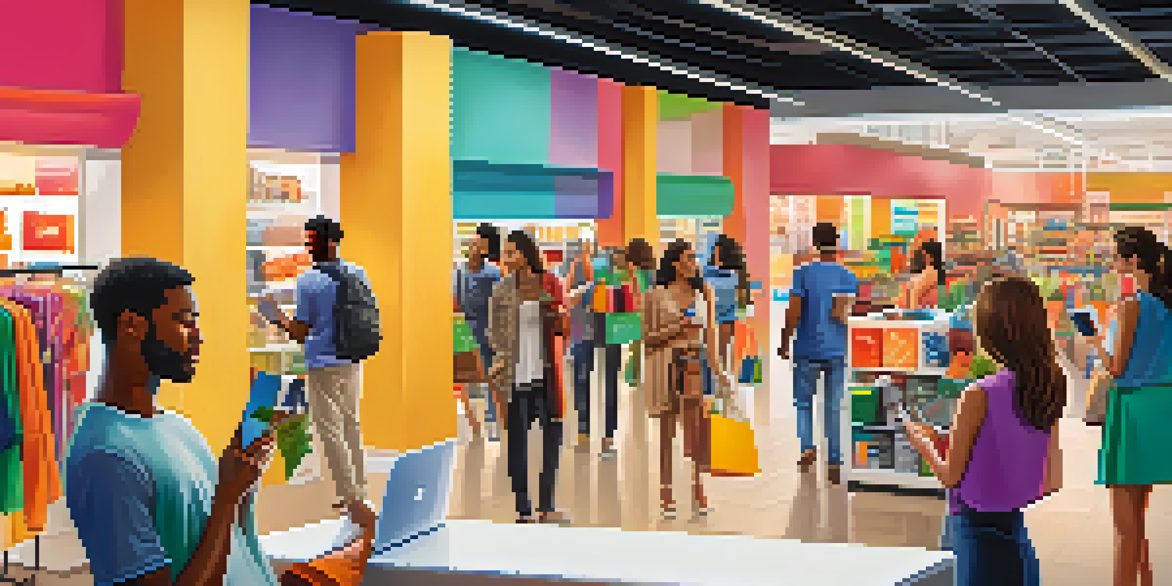 Diverse individuals shopping online using smartphones and laptops, with colorful shopping bags around them.