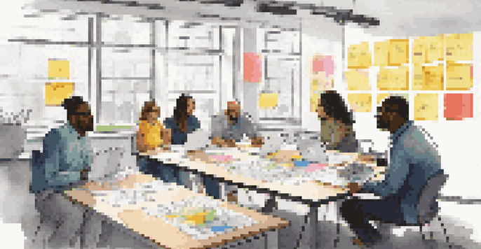 A diverse group of people in a workshop, discussing ideas with sticky notes and a whiteboard.