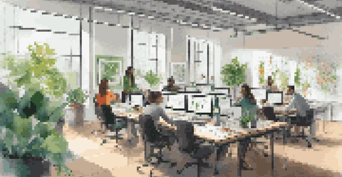 A diverse group of professionals working together in a bright modern office with plants and colorful artwork.