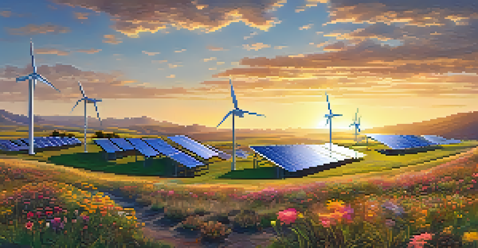 A scenic view of a renewable energy farm with solar panels and wind turbines set against rolling hills at sunset.