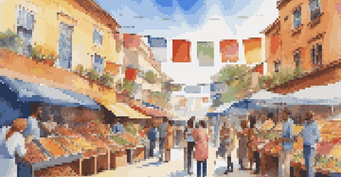 A lively outdoor market featuring diverse small business owners displaying handmade products, with flags from various countries and a clear blue sky.