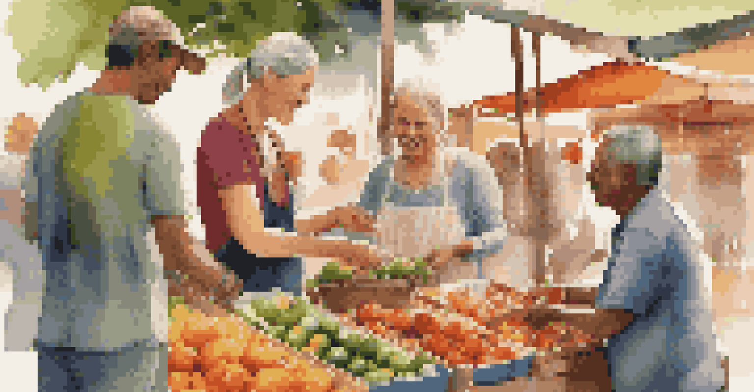 A close-up of hands exchanging a product in a vibrant outdoor market, showcasing ethically sourced goods.