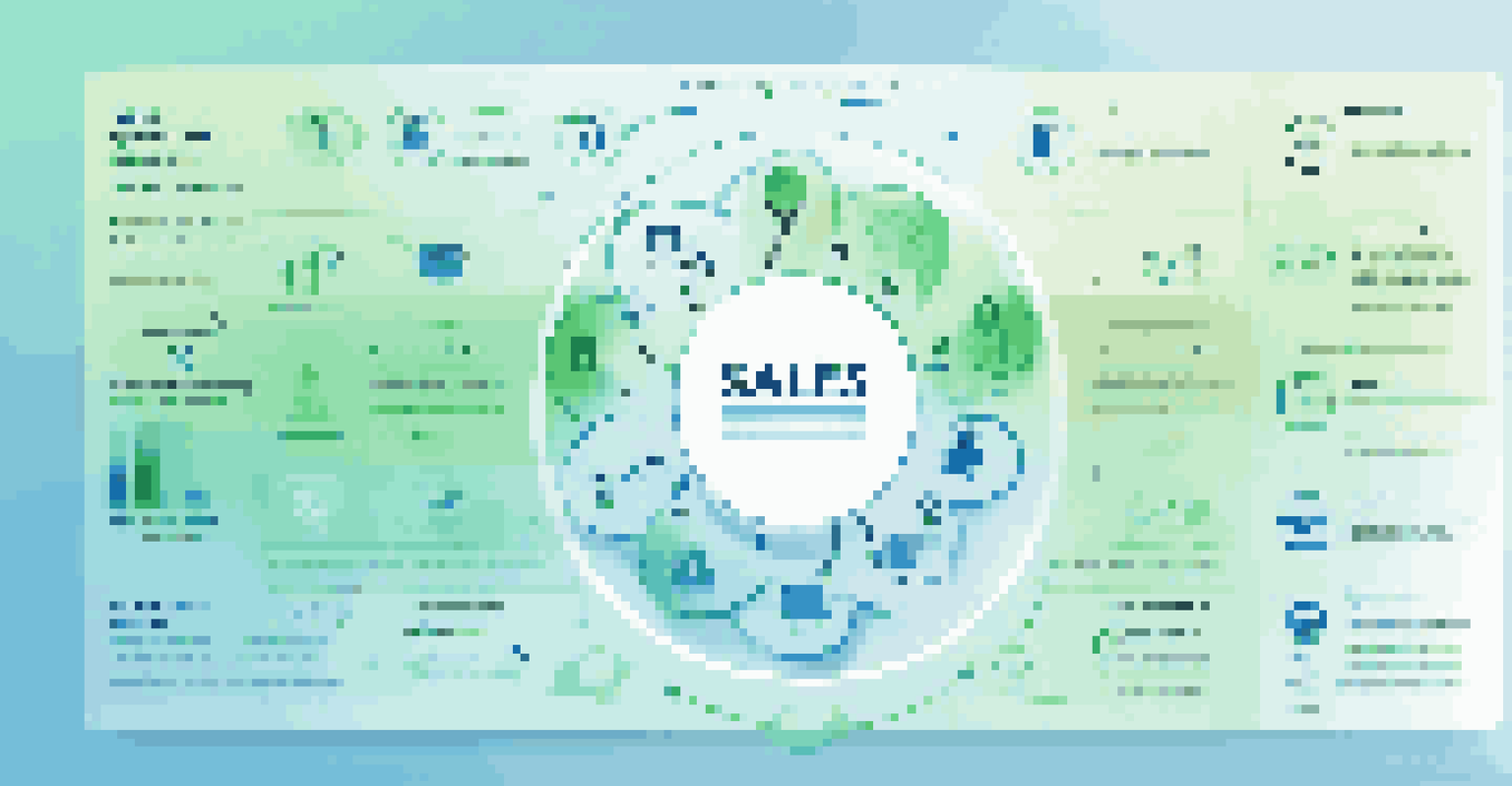An infographic showing the sales process with icons and connecting arrows in a gradient background.
