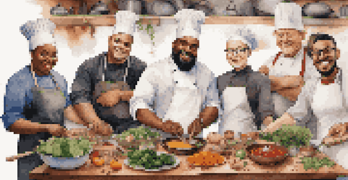 A group of six diverse chefs collaborating around a wooden table filled with colorful ingredients and cooking tools, showcasing teamwork and creativity.