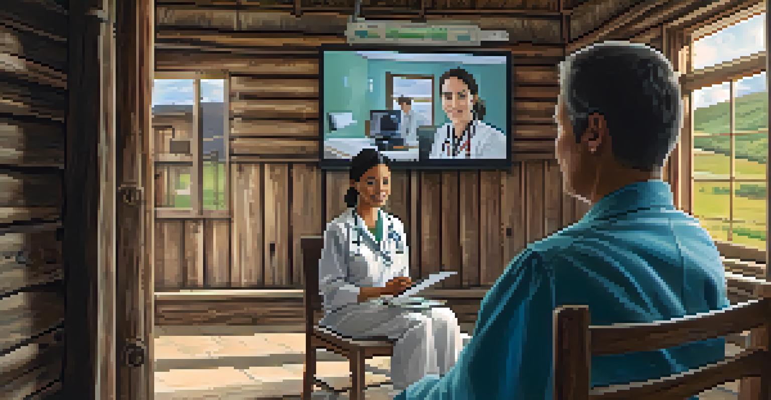 A nurse using a tablet for telemedicine in a remote village, with a patient in a rustic room.