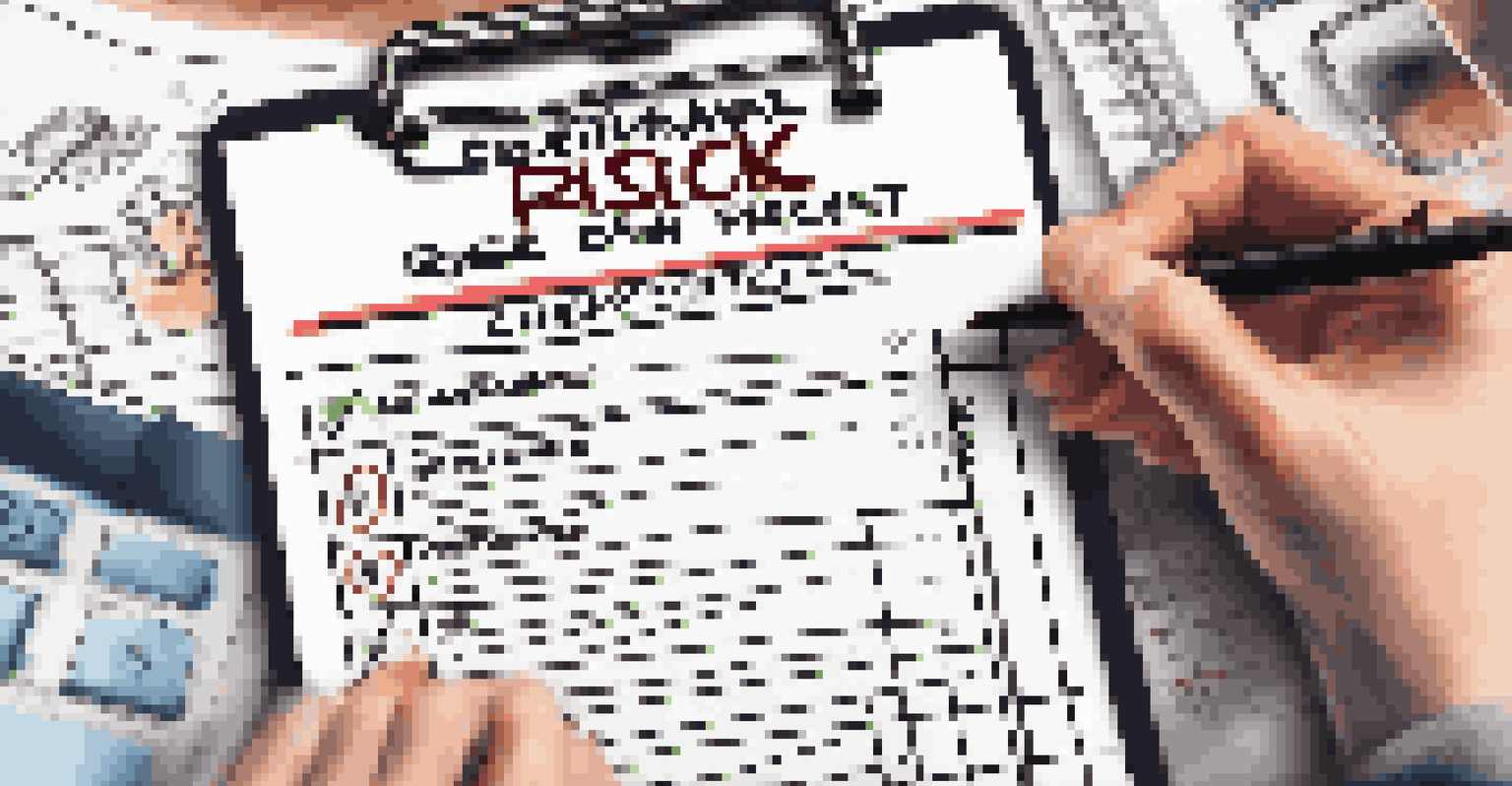 A close-up of a risk assessment checklist on a clipboard with checkboxes, and a pen ready to mark items, set against a blurred office background.