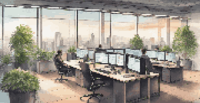 A modern office with screens showing data analytics and AI algorithms, green plants, and a city view.