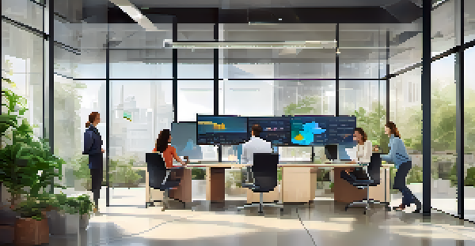 A bright modern office with an interactive analytics dashboard, diverse professionals discussing data, and greenery outside the windows.