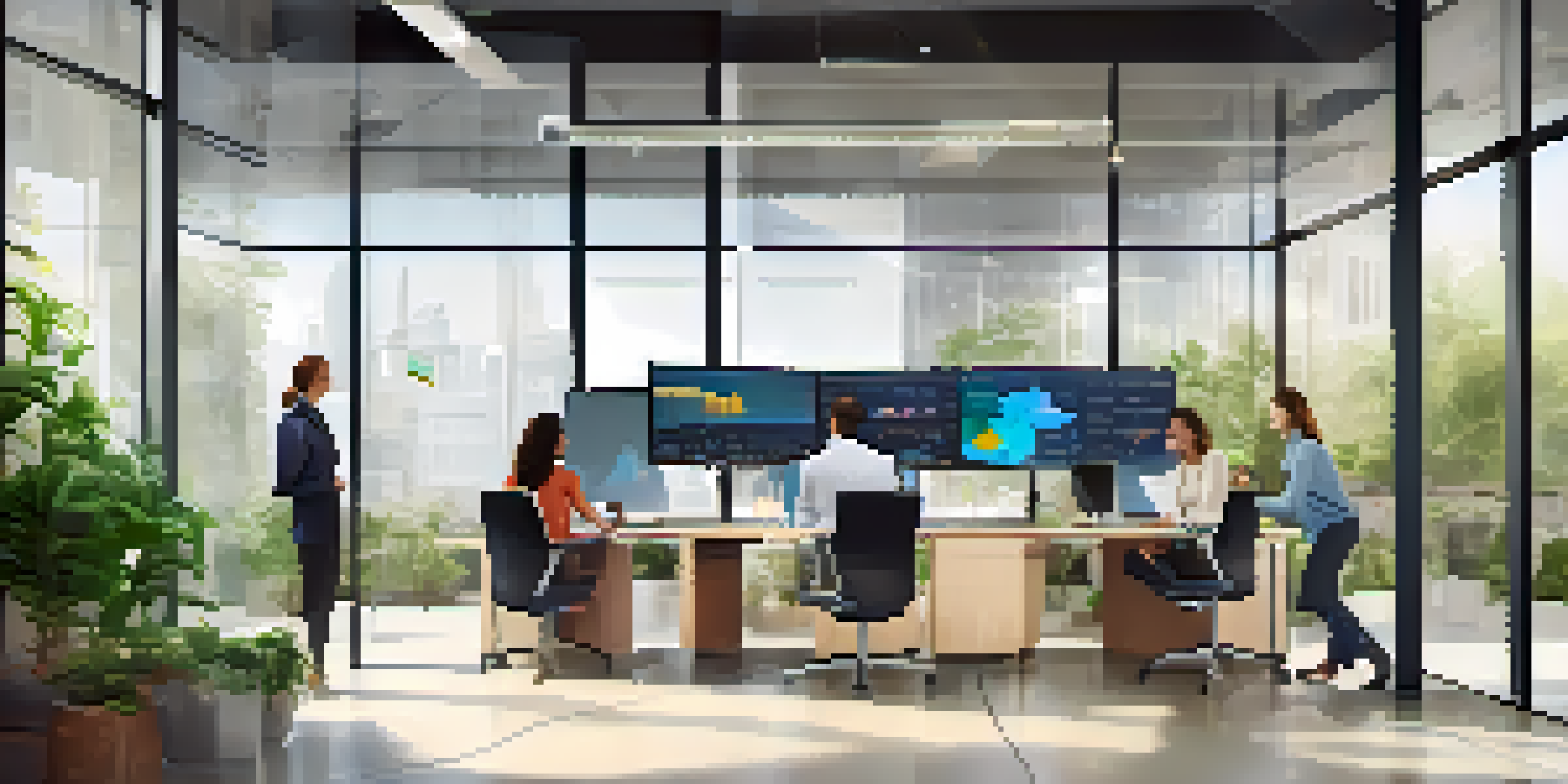 A bright modern office with an interactive analytics dashboard, diverse professionals discussing data, and greenery outside the windows.
