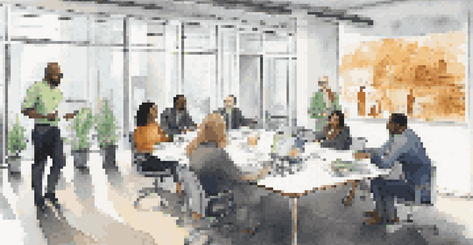 A diverse team in an office discussing CSR strategies, surrounded by bright windows and sustainability posters.