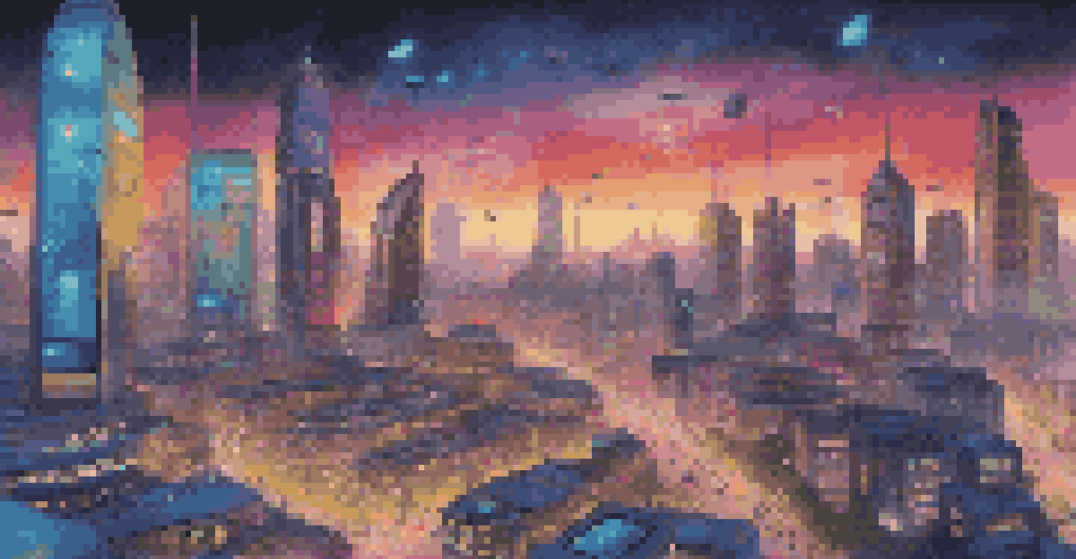 A futuristic city skyline at dusk with digital screens highlighting ethical technology and consumer trust.